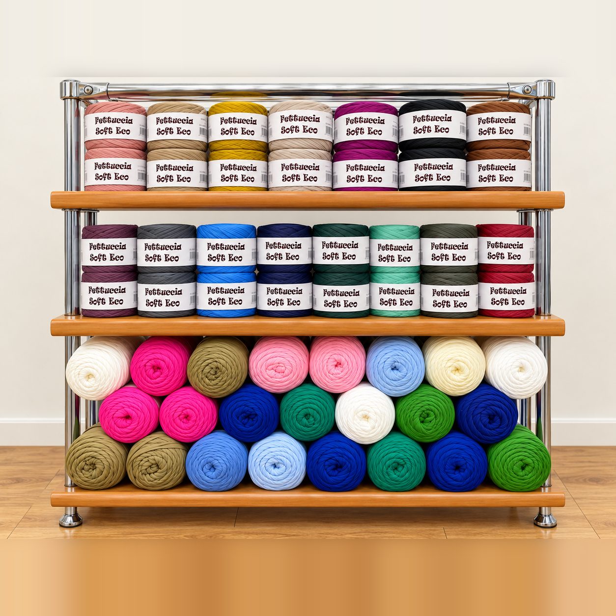 Matasse di fettuccia in tanti colori su uno scaffale
